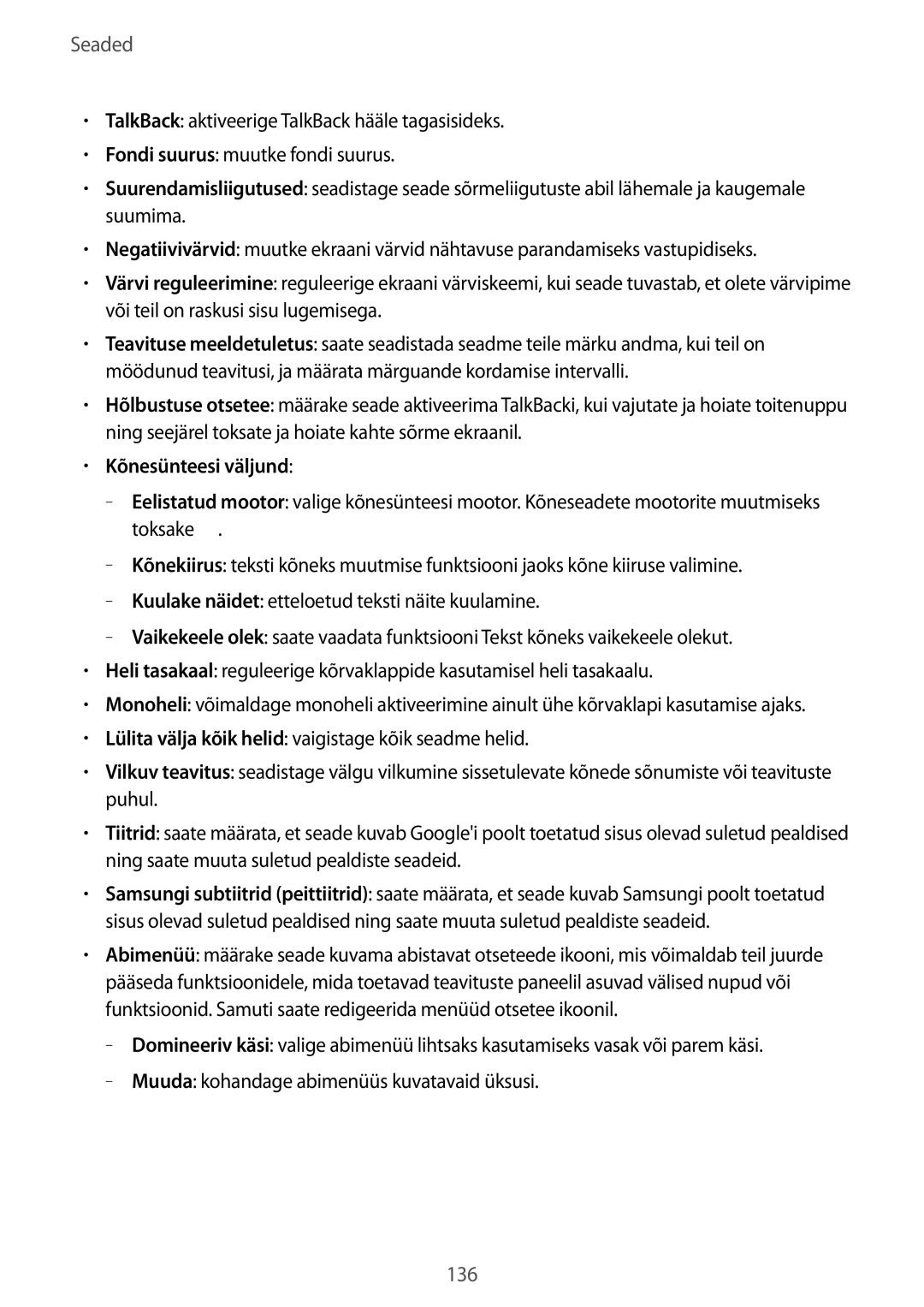 Samsung SM-T525NZWASEB, SM-T525NZKASEB manual Kõnesünteesi väljund 