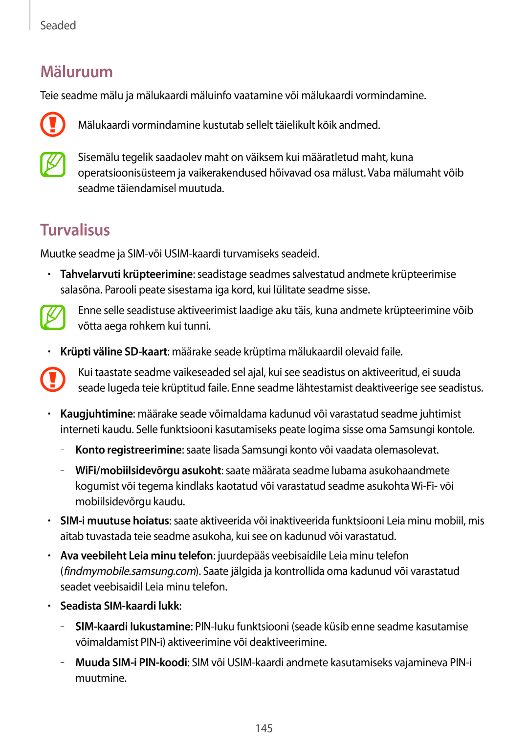 Samsung SM-T525NZKASEB, SM-T525NZWASEB manual Mäluruum, Turvalisus, Seadista SIM-kaardi lukk 