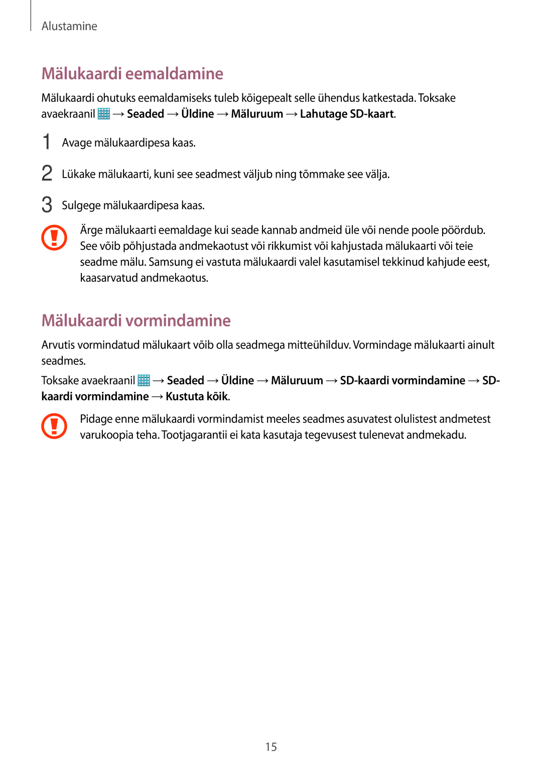 Samsung SM-T525NZKASEB, SM-T525NZWASEB manual Mälukaardi eemaldamine, Mälukaardi vormindamine 