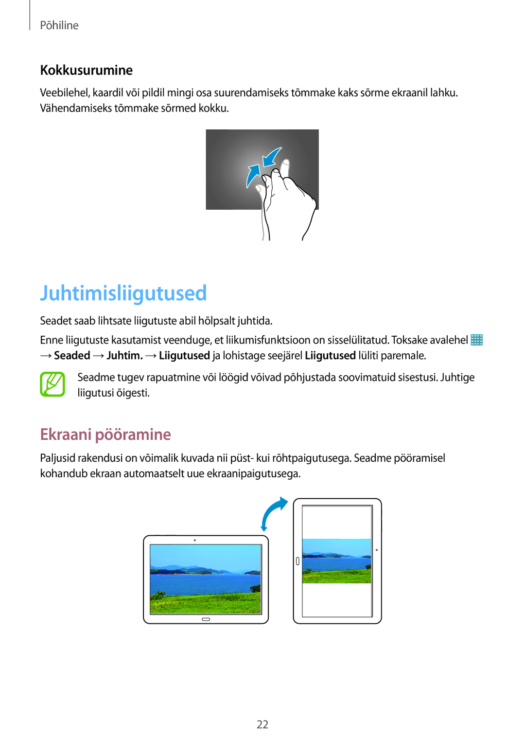 Samsung SM-T525NZWASEB, SM-T525NZKASEB manual Juhtimisliigutused, Ekraani pööramine, Kokkusurumine 