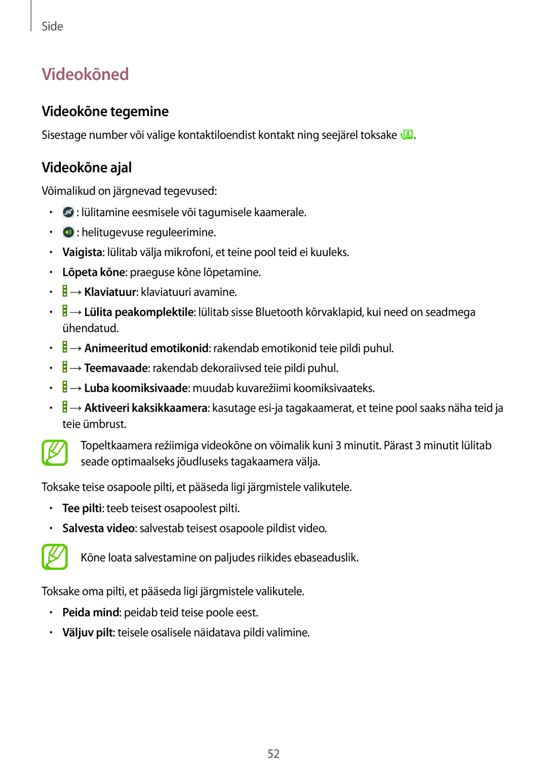 Samsung SM-T525NZWASEB, SM-T525NZKASEB manual Videokõned, Videokõne tegemine, Videokõne ajal 