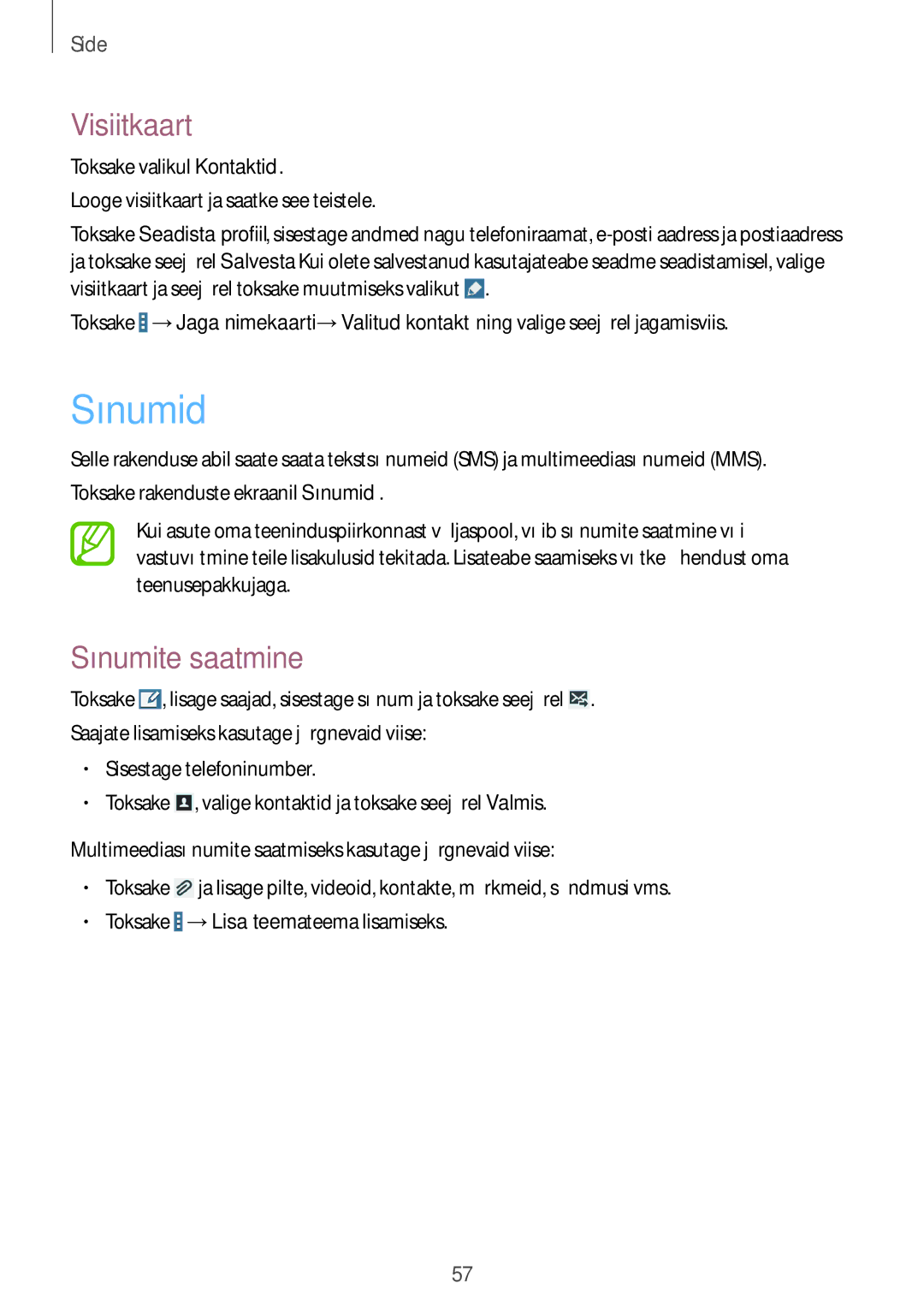 Samsung SM-T525NZKASEB, SM-T525NZWASEB manual Sõnumid, Visiitkaart, Sõnumite saatmine 