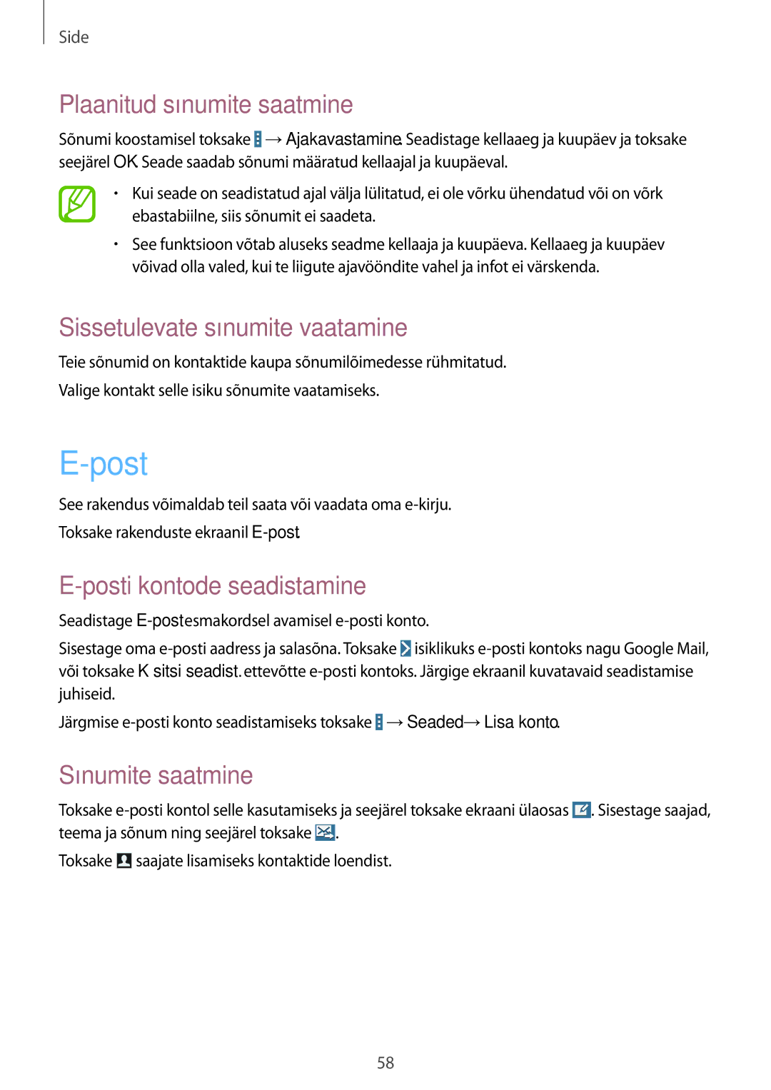 Samsung SM-T525NZWASEB manual Plaanitud sõnumite saatmine, Sissetulevate sõnumite vaatamine, Posti kontode seadistamine 