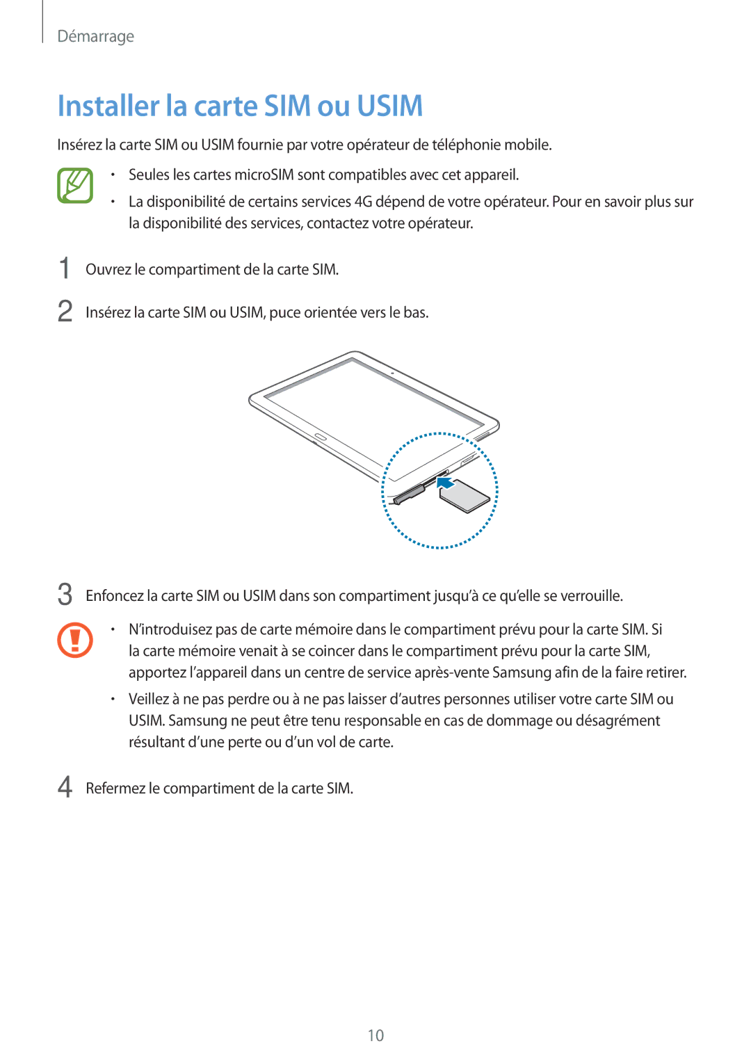 Samsung SM-T525NZWAXEF, SM-T525NZKAXEF manual Installer la carte SIM ou Usim 