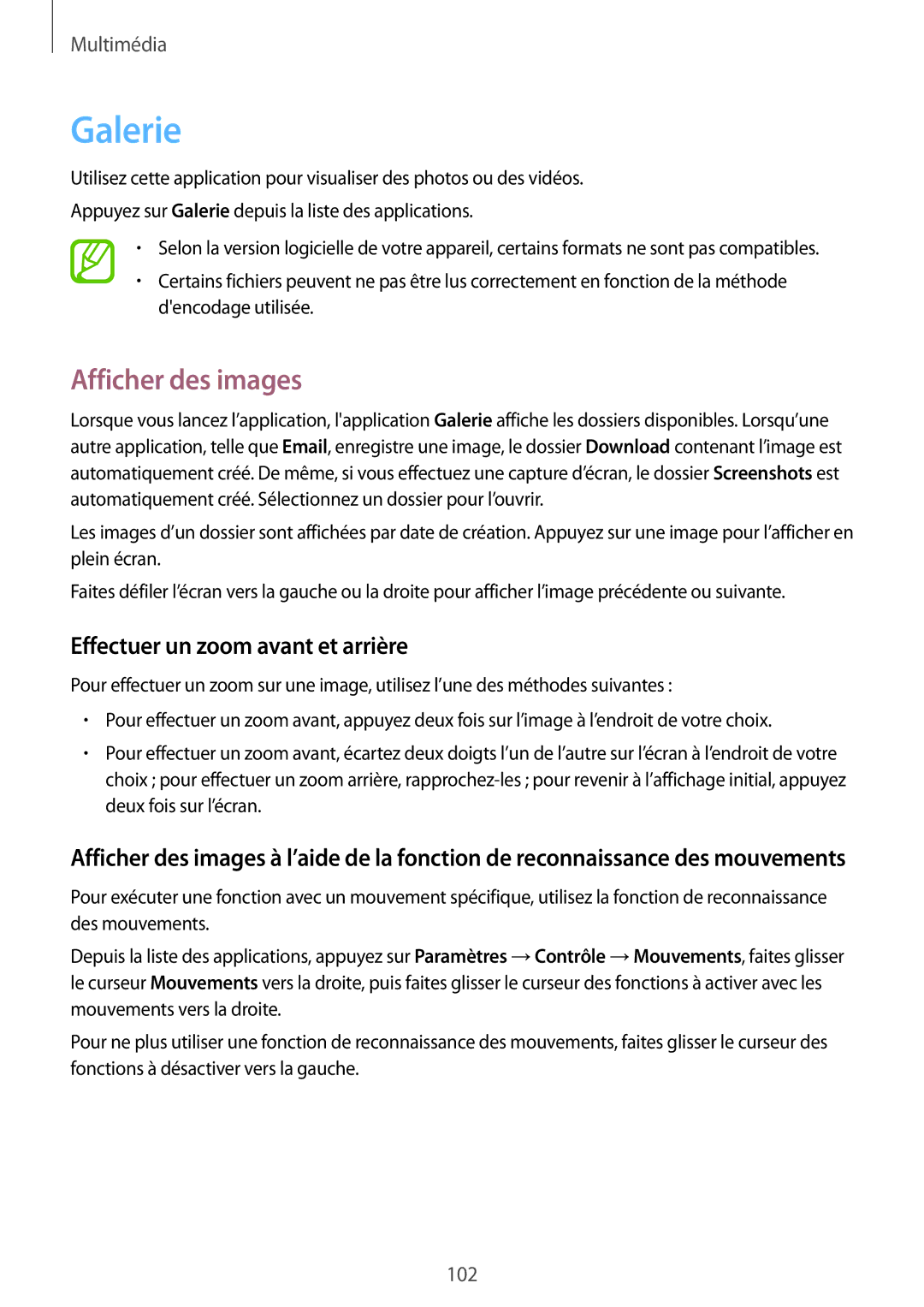 Samsung SM-T525NZWAXEF, SM-T525NZKAXEF manual Galerie, Afficher des images, Effectuer un zoom avant et arrière 