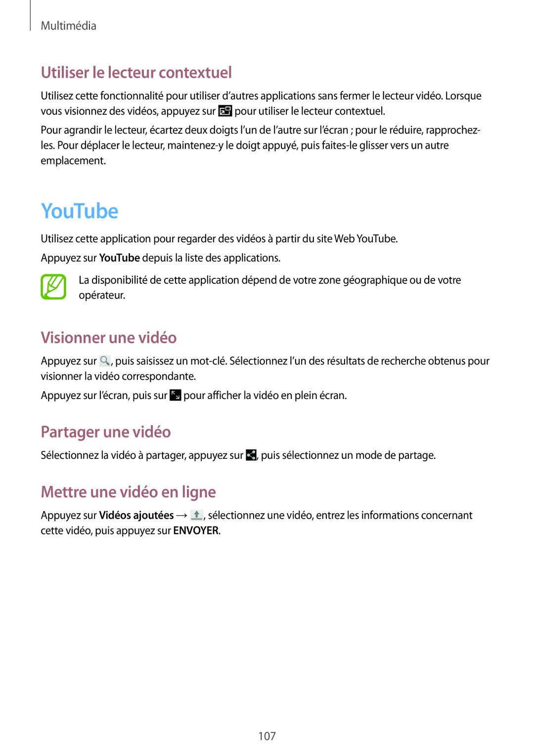 Samsung SM-T525NZKAXEF manual YouTube, Utiliser le lecteur contextuel, Visionner une vidéo, Mettre une vidéo en ligne 