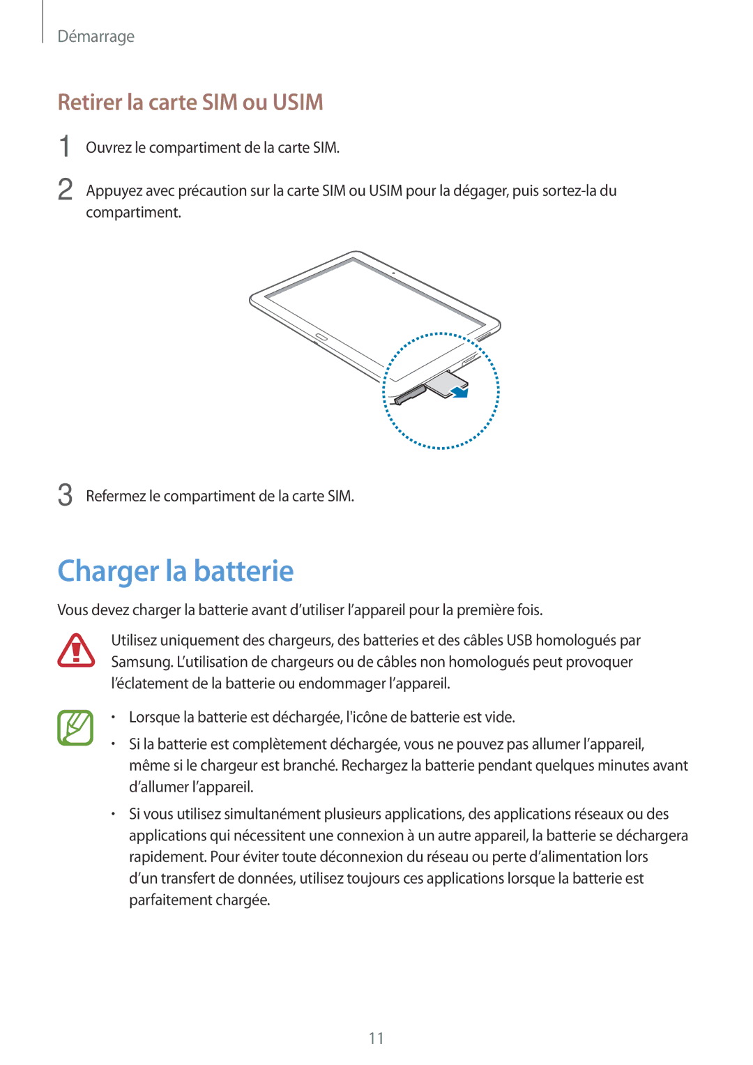 Samsung SM-T525NZKAXEF, SM-T525NZWAXEF manual Charger la batterie, Retirer la carte SIM ou Usim 