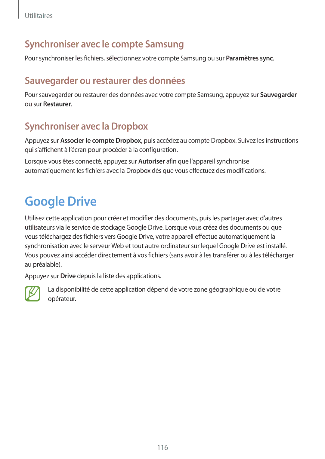 Samsung SM-T525NZWAXEF manual Google Drive, Synchroniser avec le compte Samsung, Sauvegarder ou restaurer des données 