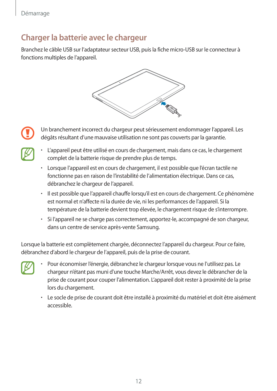 Samsung SM-T525NZWAXEF, SM-T525NZKAXEF manual Charger la batterie avec le chargeur 