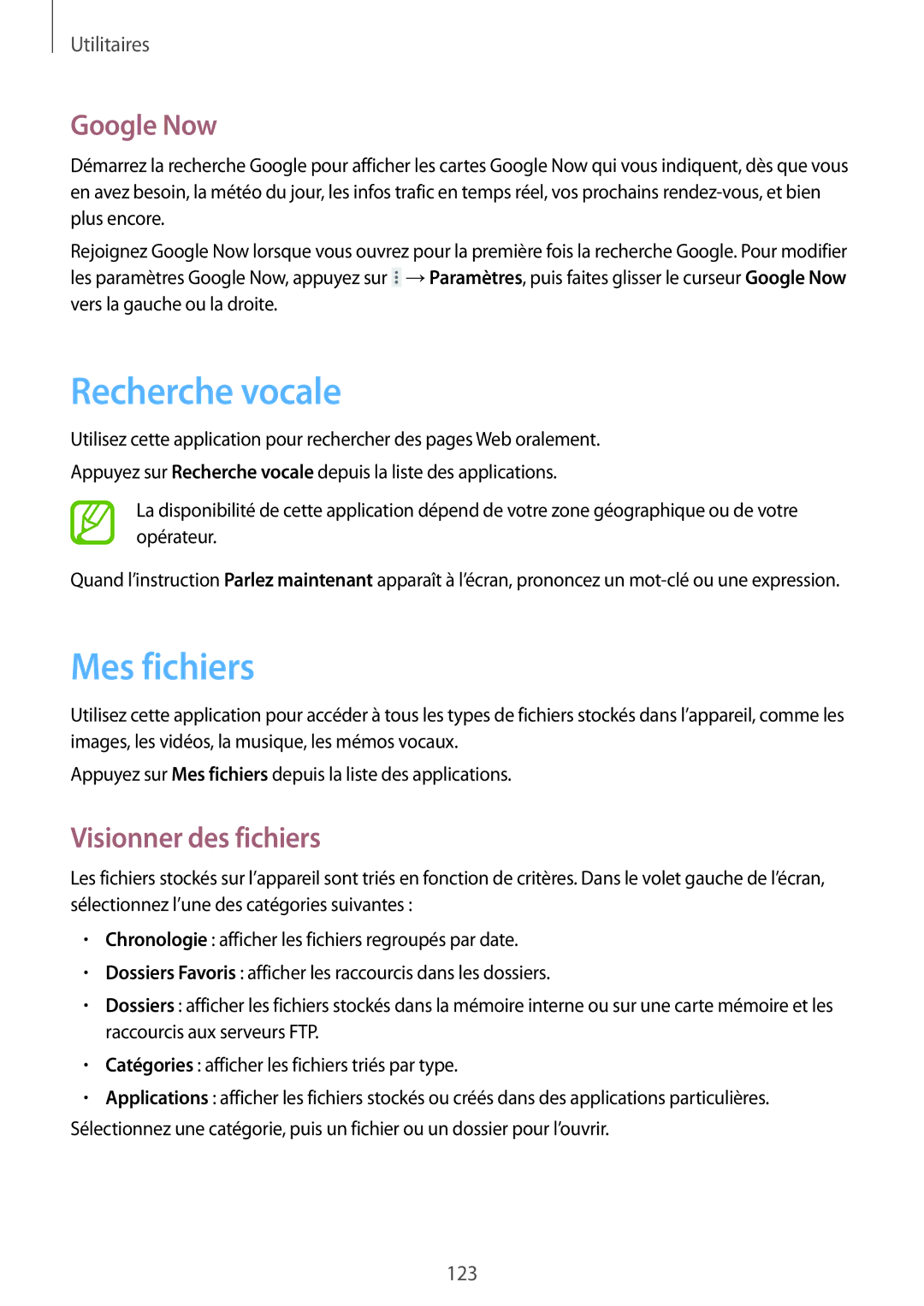 Samsung SM-T525NZKAXEF, SM-T525NZWAXEF manual Recherche vocale, Mes fichiers, Google Now, Visionner des fichiers 