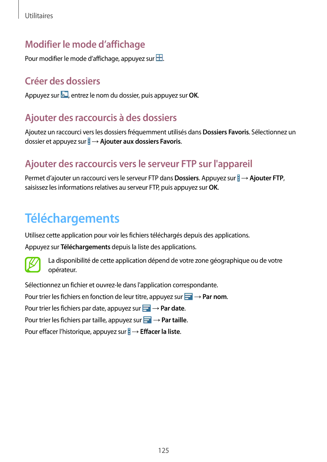 Samsung SM-T525NZKAXEF, SM-T525NZWAXEF manual Téléchargements, Modifier le mode d’affichage, Créer des dossiers 