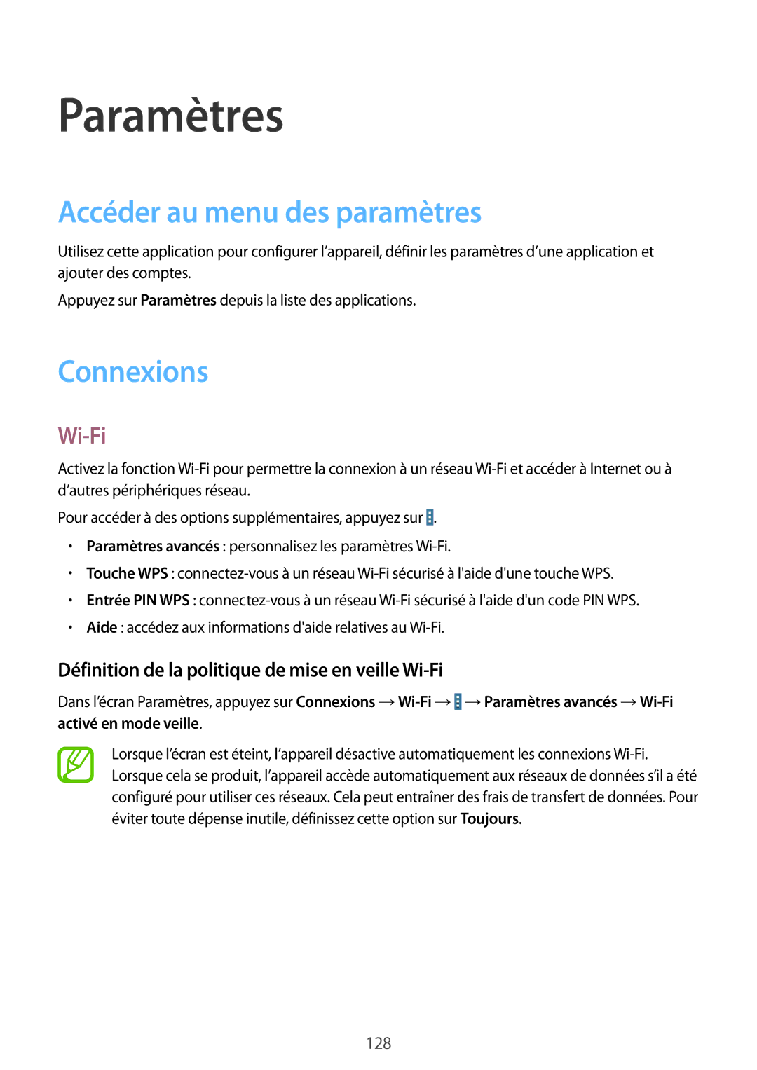 Samsung SM-T525NZWAXEF, SM-T525NZKAXEF manual Accéder au menu des paramètres, Connexions, Wi-Fi 