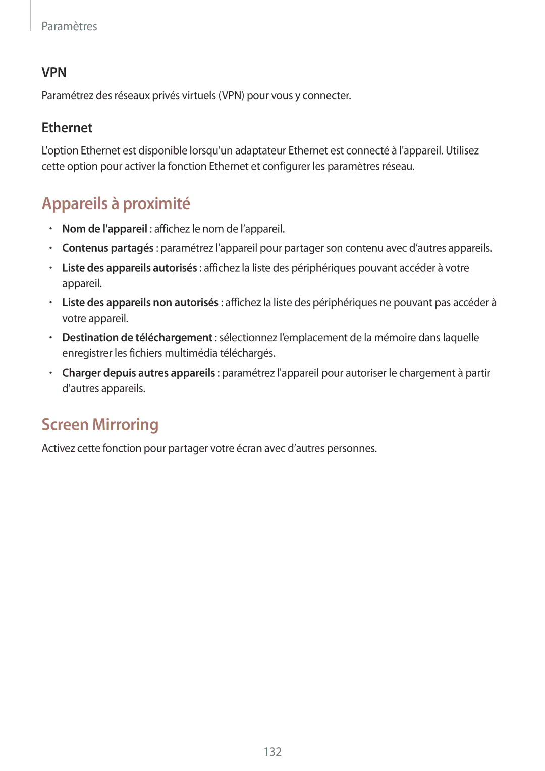 Samsung SM-T525NZWAXEF, SM-T525NZKAXEF manual Appareils à proximité, Screen Mirroring, Ethernet 