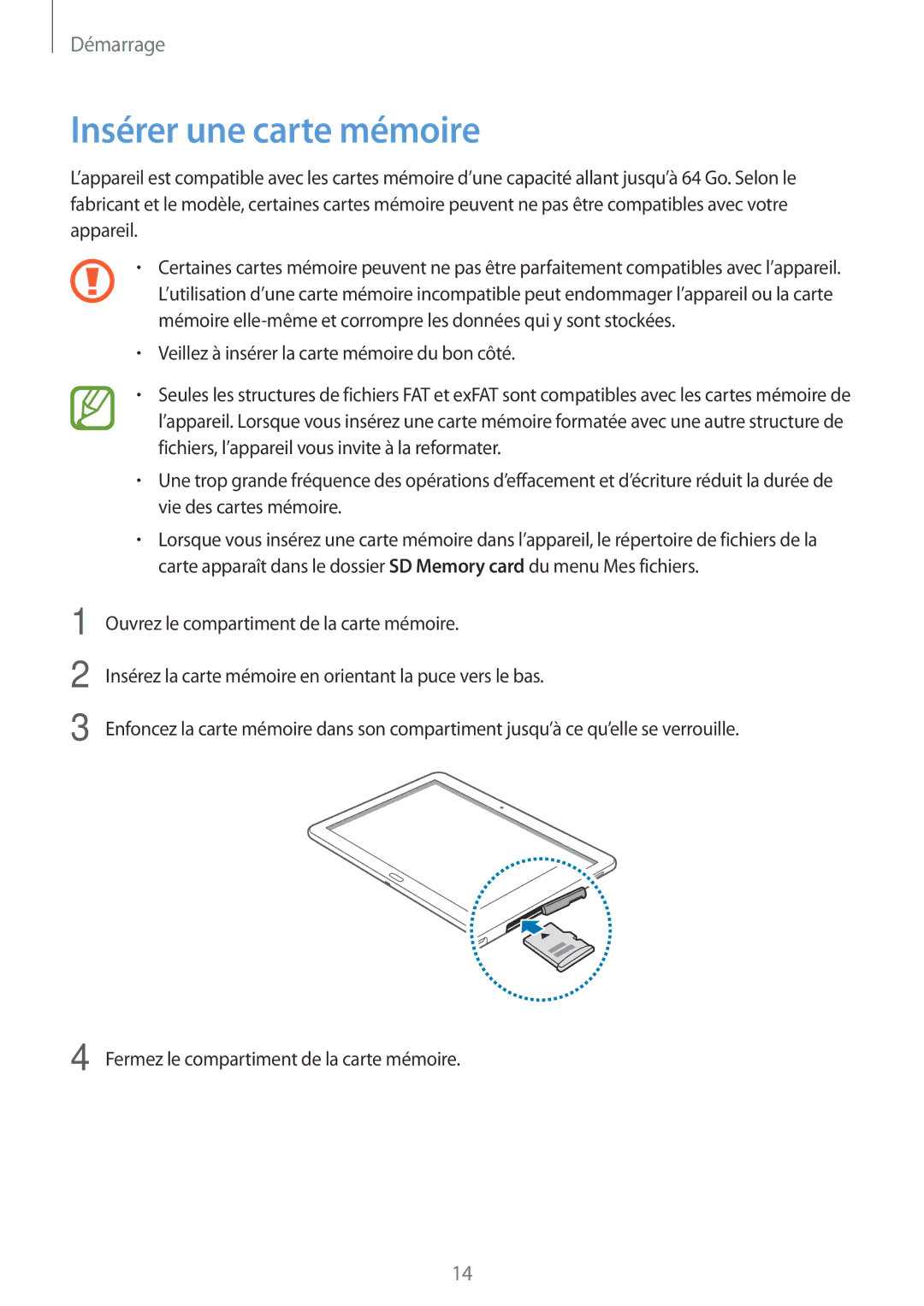 Samsung SM-T525NZWAXEF, SM-T525NZKAXEF manual Insérer une carte mémoire 