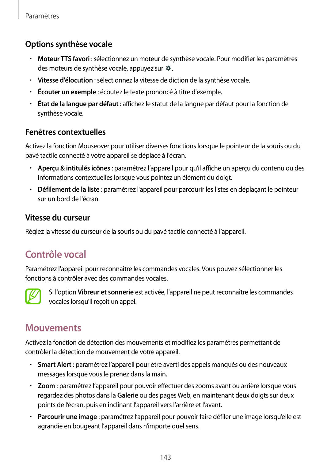 Samsung SM-T525NZKAXEF, SM-T525NZWAXEF Contrôle vocal, Options synthèse vocale, Fenêtres contextuelles, Vitesse du curseur 