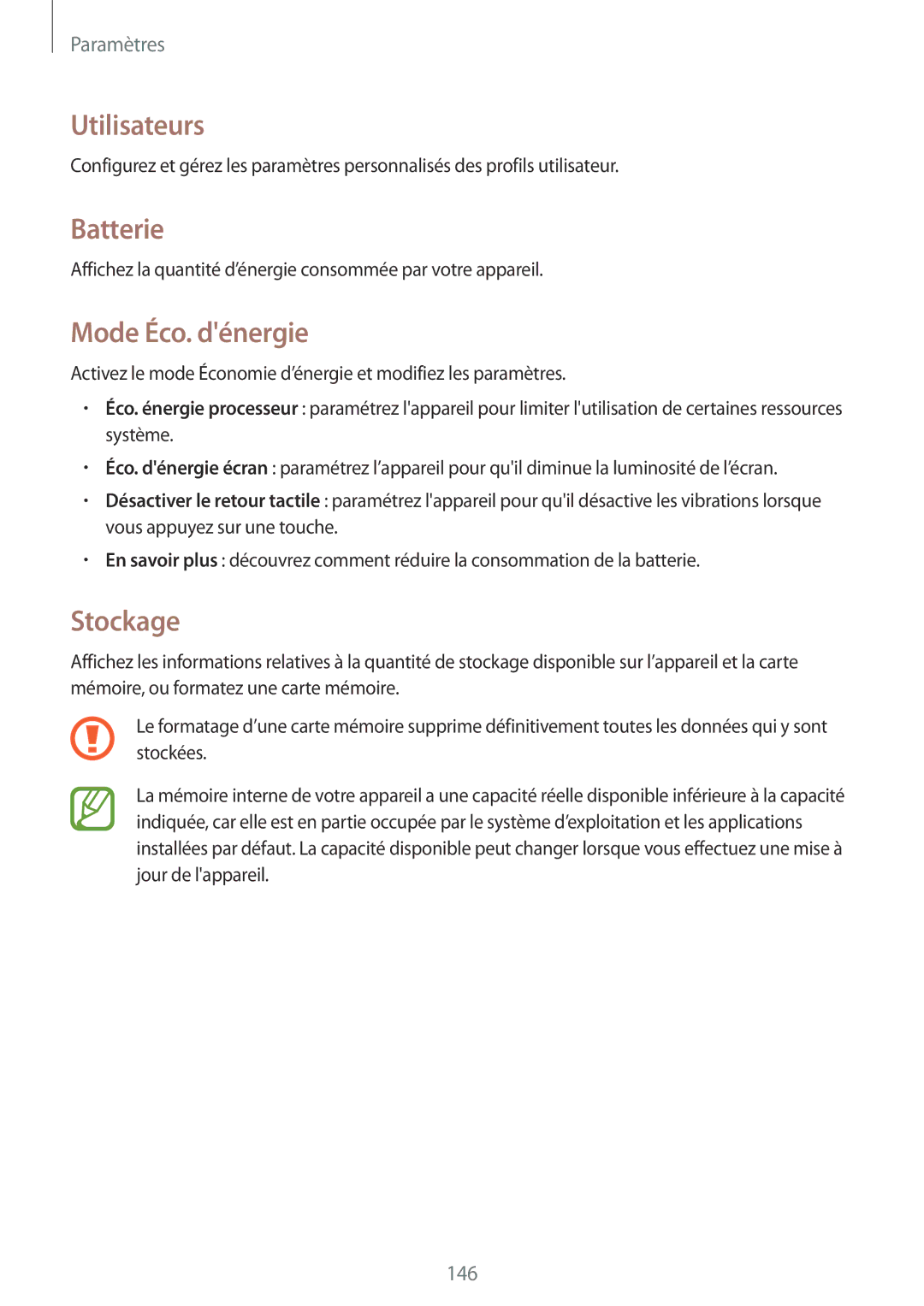 Samsung SM-T525NZWAXEF, SM-T525NZKAXEF manual Utilisateurs, Batterie, Mode Éco. dénergie, Stockage 