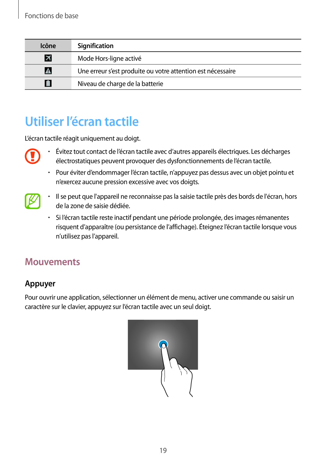 Samsung SM-T525NZKAXEF, SM-T525NZWAXEF manual Utiliser l’écran tactile, Mouvements, Appuyer 