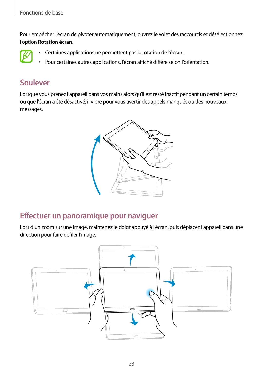 Samsung SM-T525NZKAXEF, SM-T525NZWAXEF manual Soulever, Effectuer un panoramique pour naviguer 