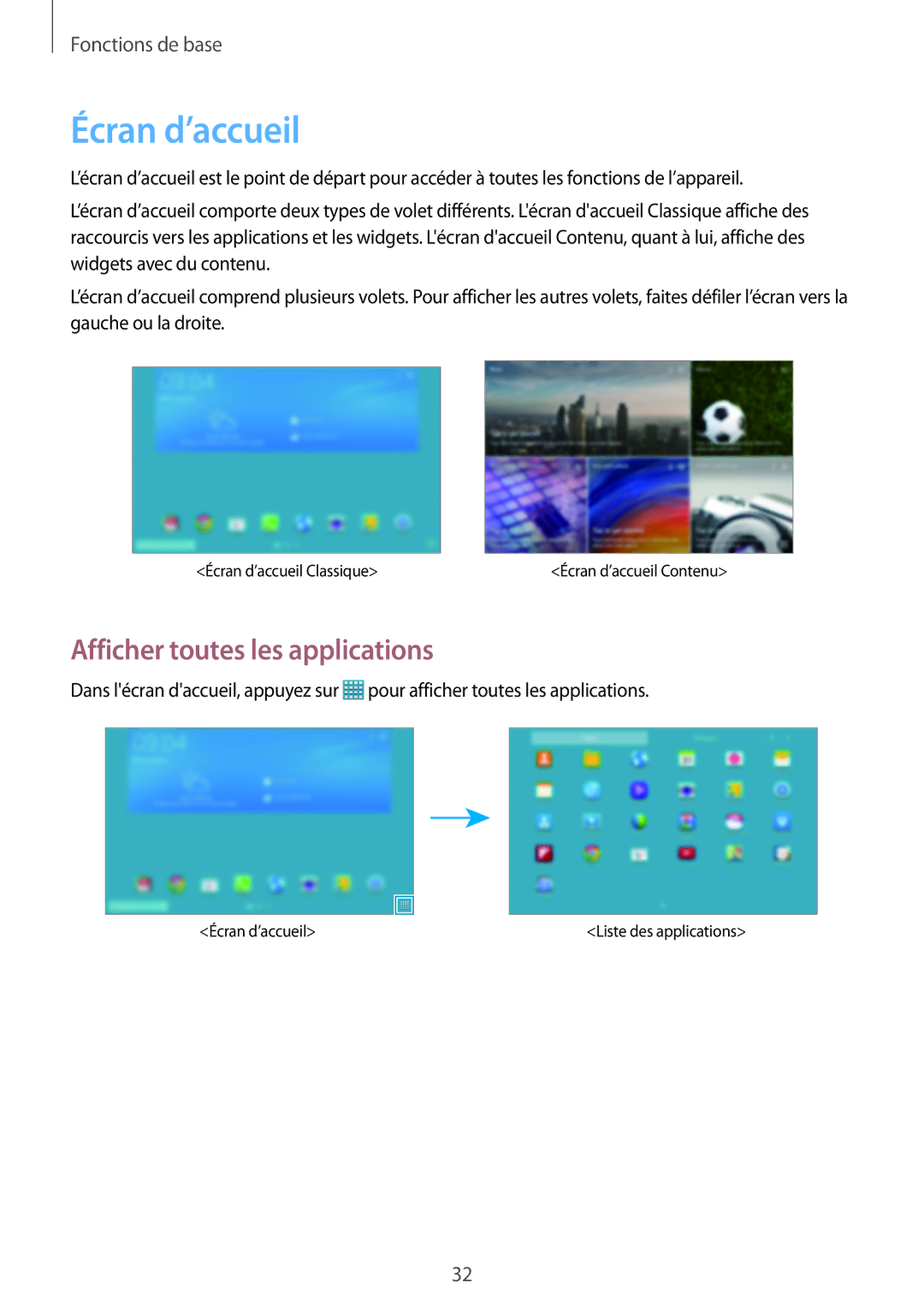 Samsung SM-T525NZWAXEF, SM-T525NZKAXEF manual Écran d’accueil, Afficher toutes les applications 