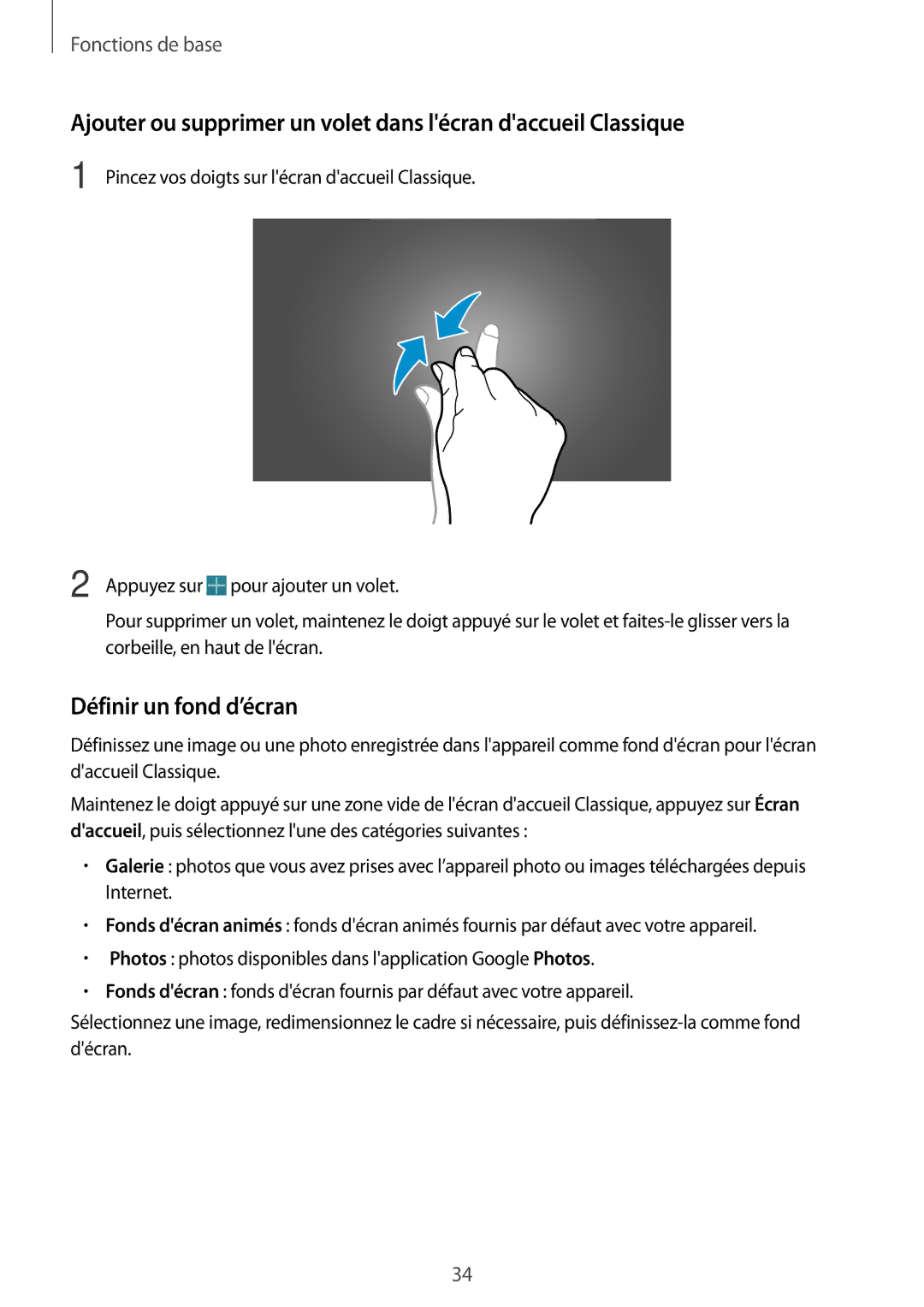 Samsung SM-T525NZWAXEF manual Ajouter ou supprimer un volet dans lécran daccueil Classique, Définir un fond d’écran 