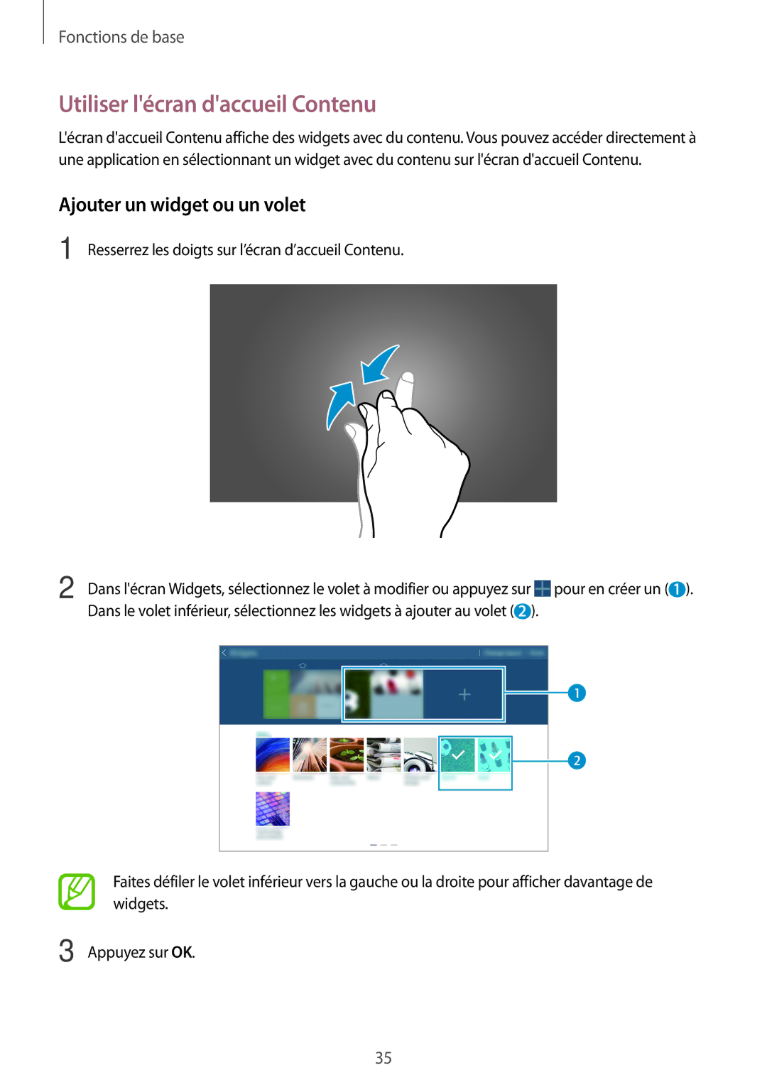 Samsung SM-T525NZKAXEF, SM-T525NZWAXEF manual Utiliser lécran daccueil Contenu, Ajouter un widget ou un volet 