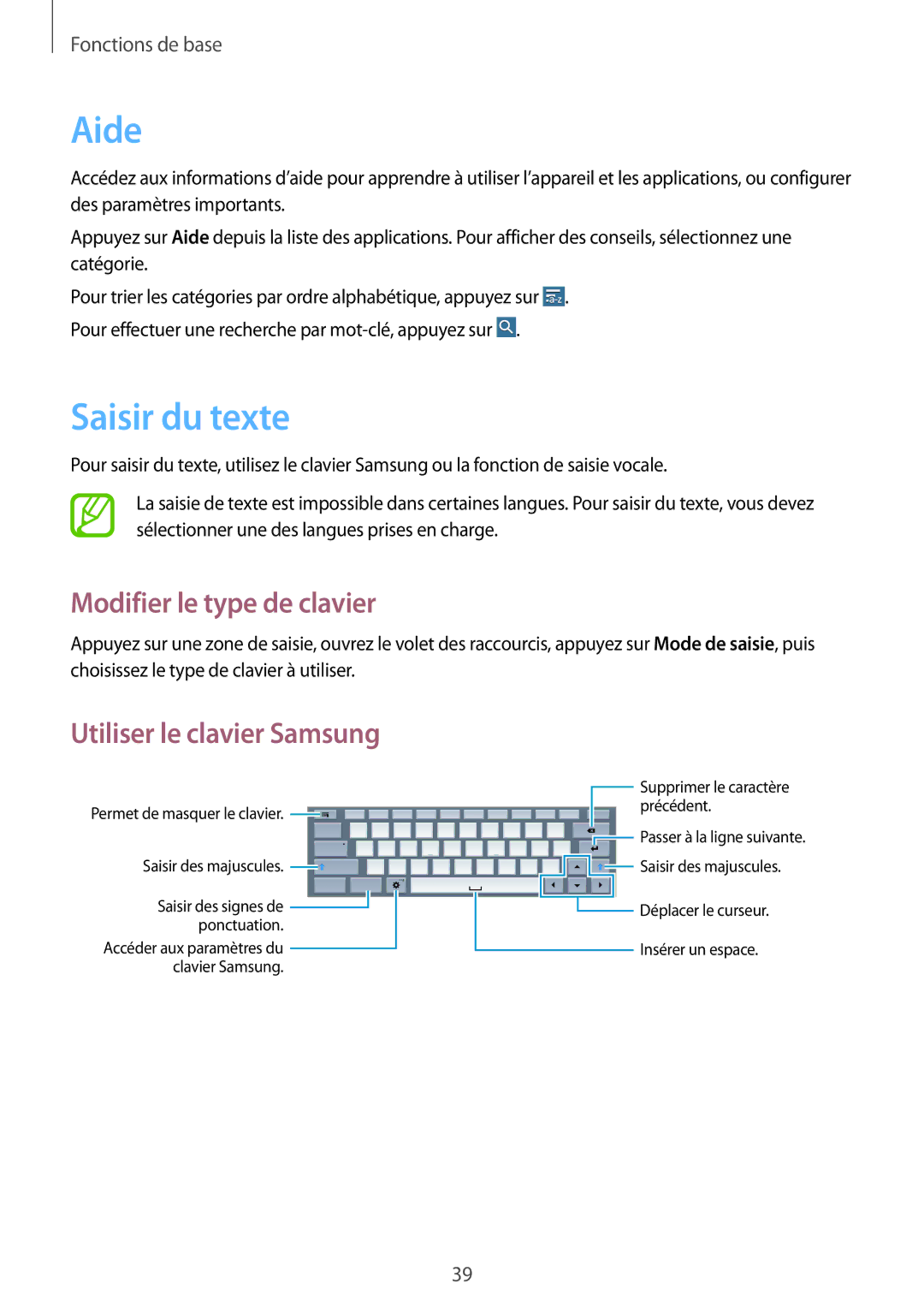 Samsung SM-T525NZKAXEF, SM-T525NZWAXEF Aide, Saisir du texte, Modifier le type de clavier, Utiliser le clavier Samsung 