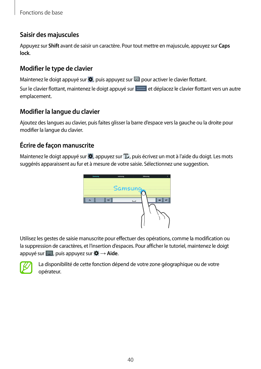 Samsung SM-T525NZWAXEF, SM-T525NZKAXEF Saisir des majuscules, Modifier le type de clavier, Modifier la langue du clavier 