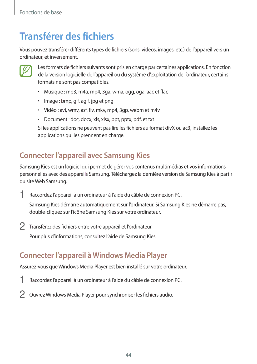 Samsung SM-T525NZWAXEF, SM-T525NZKAXEF manual Transférer des fichiers, Connecter l’appareil avec Samsung Kies 