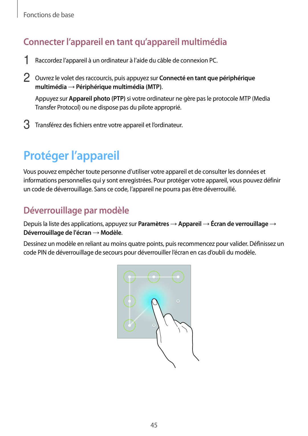 Samsung SM-T525NZKAXEF Protéger l’appareil, Connecter l’appareil en tant qu’appareil multimédia, Déverrouillage par modèle 