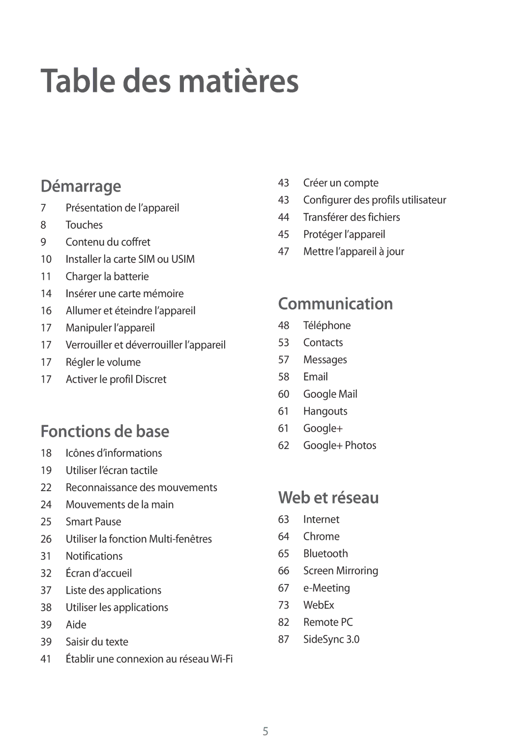 Samsung SM-T525NZKAXEF, SM-T525NZWAXEF manual Table des matières 