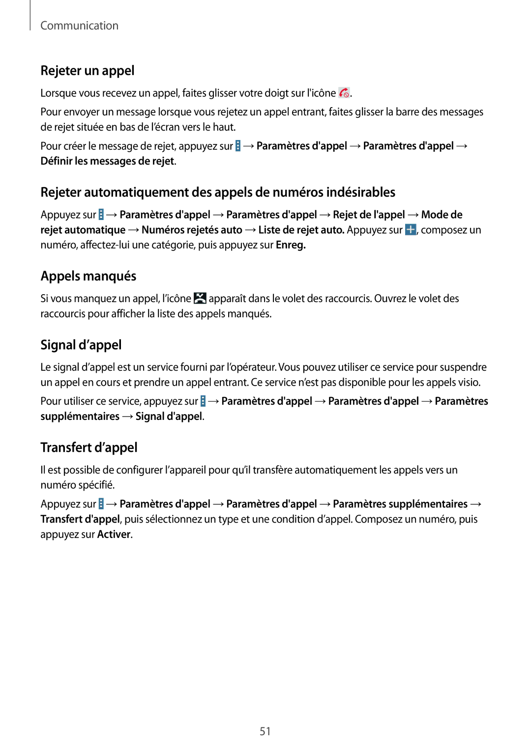 Samsung SM-T525NZKAXEF manual Rejeter un appel, Rejeter automatiquement des appels de numéros indésirables, Appels manqués 