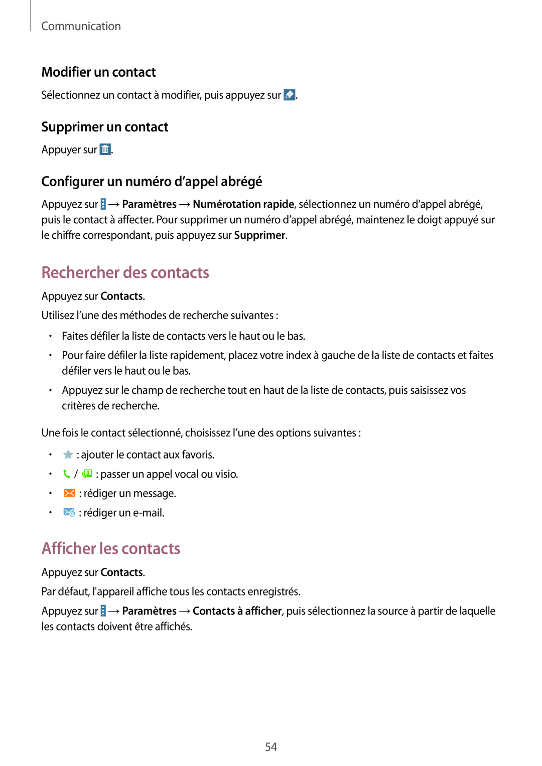 Samsung SM-T525NZWAXEF manual Rechercher des contacts, Afficher les contacts, Modifier un contact, Supprimer un contact 