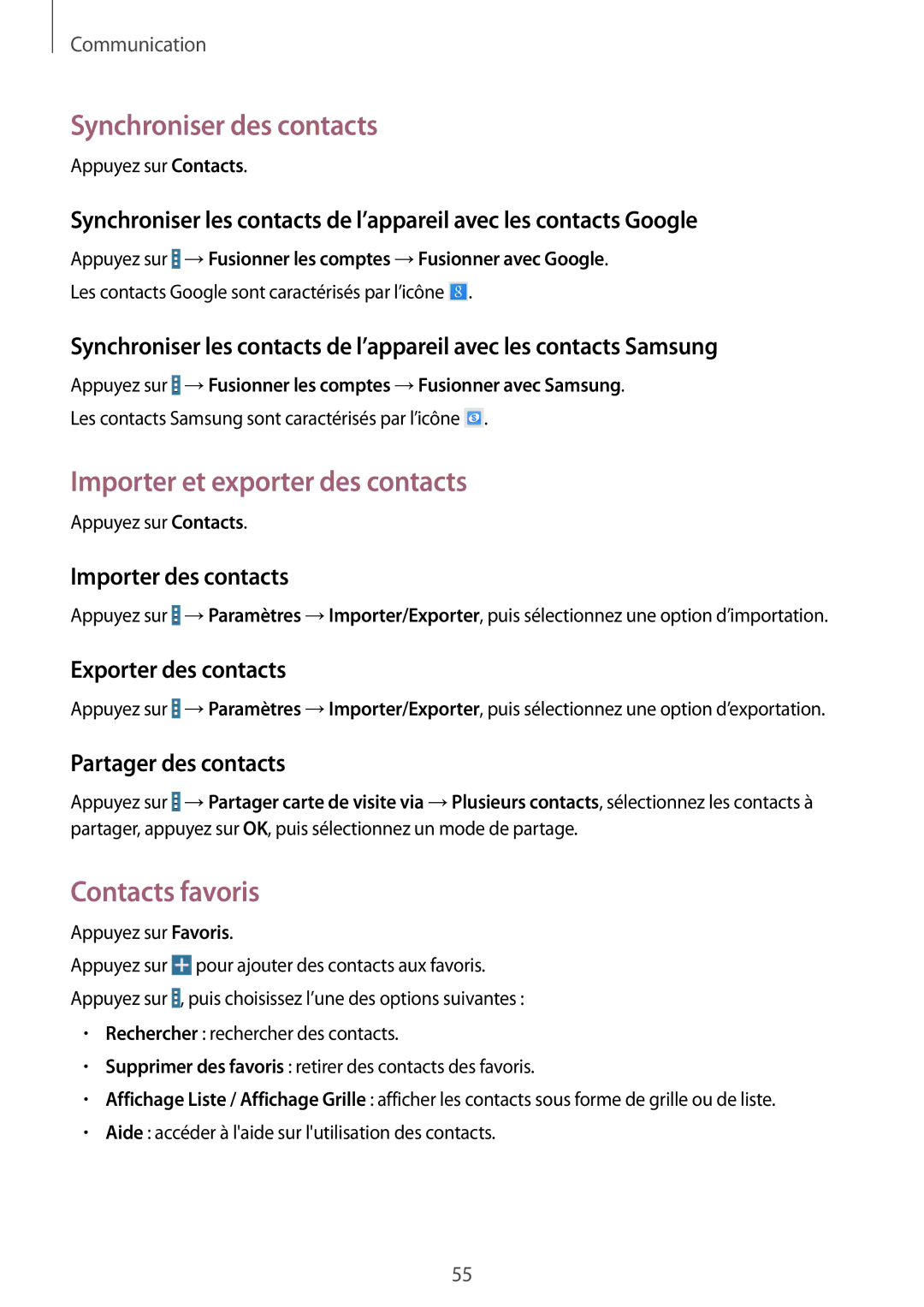 Samsung SM-T525NZKAXEF, SM-T525NZWAXEF manual Synchroniser des contacts, Importer et exporter des contacts, Contacts favoris 