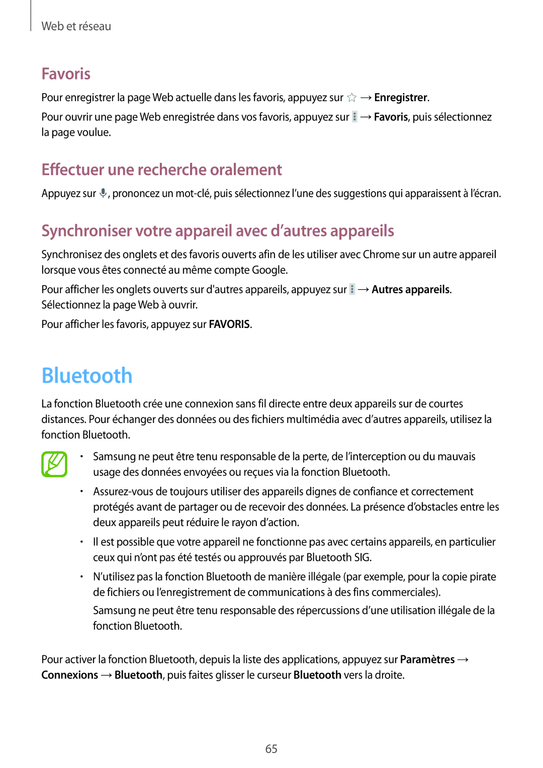 Samsung SM-T525NZKAXEF, SM-T525NZWAXEF manual Bluetooth, Synchroniser votre appareil avec d’autres appareils 