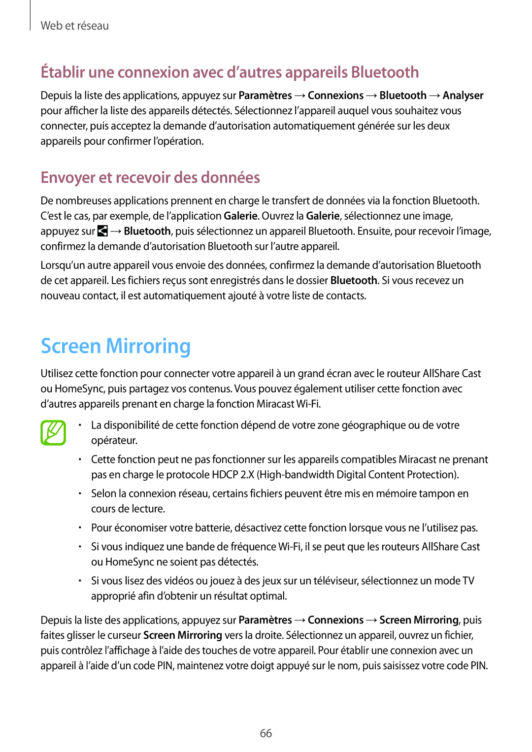 Samsung SM-T525NZWAXEF, SM-T525NZKAXEF manual Screen Mirroring, Établir une connexion avec d’autres appareils Bluetooth 