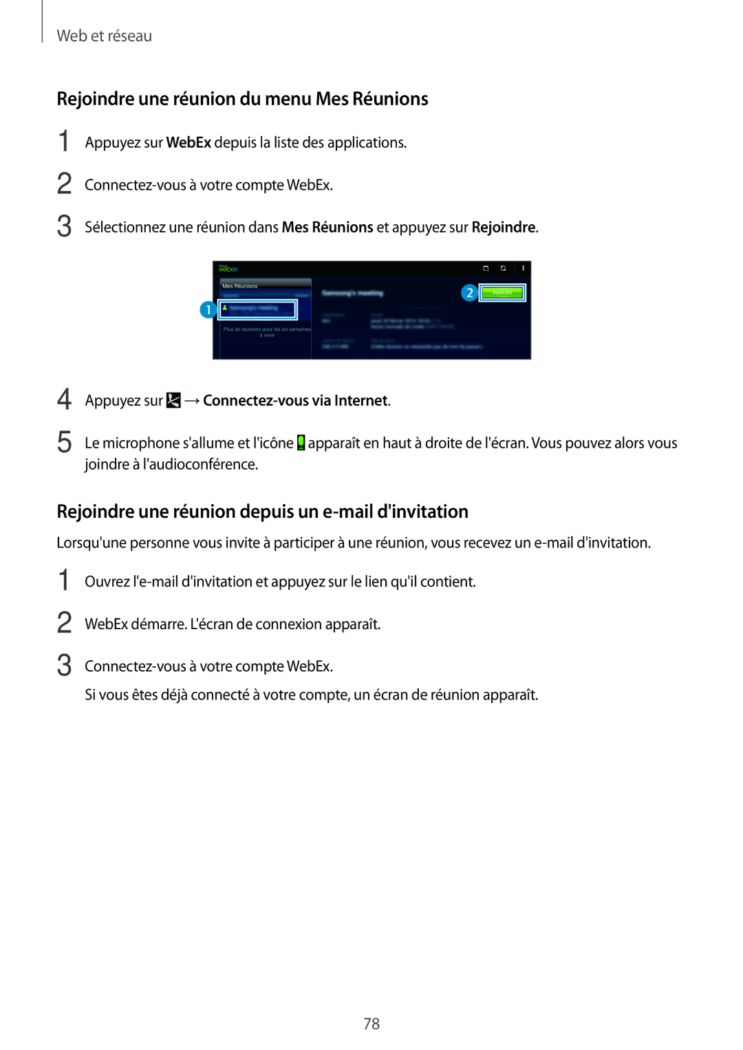 Samsung SM-T525NZWAXEF Rejoindre une réunion du menu Mes Réunions, Rejoindre une réunion depuis un e-mail dinvitation 