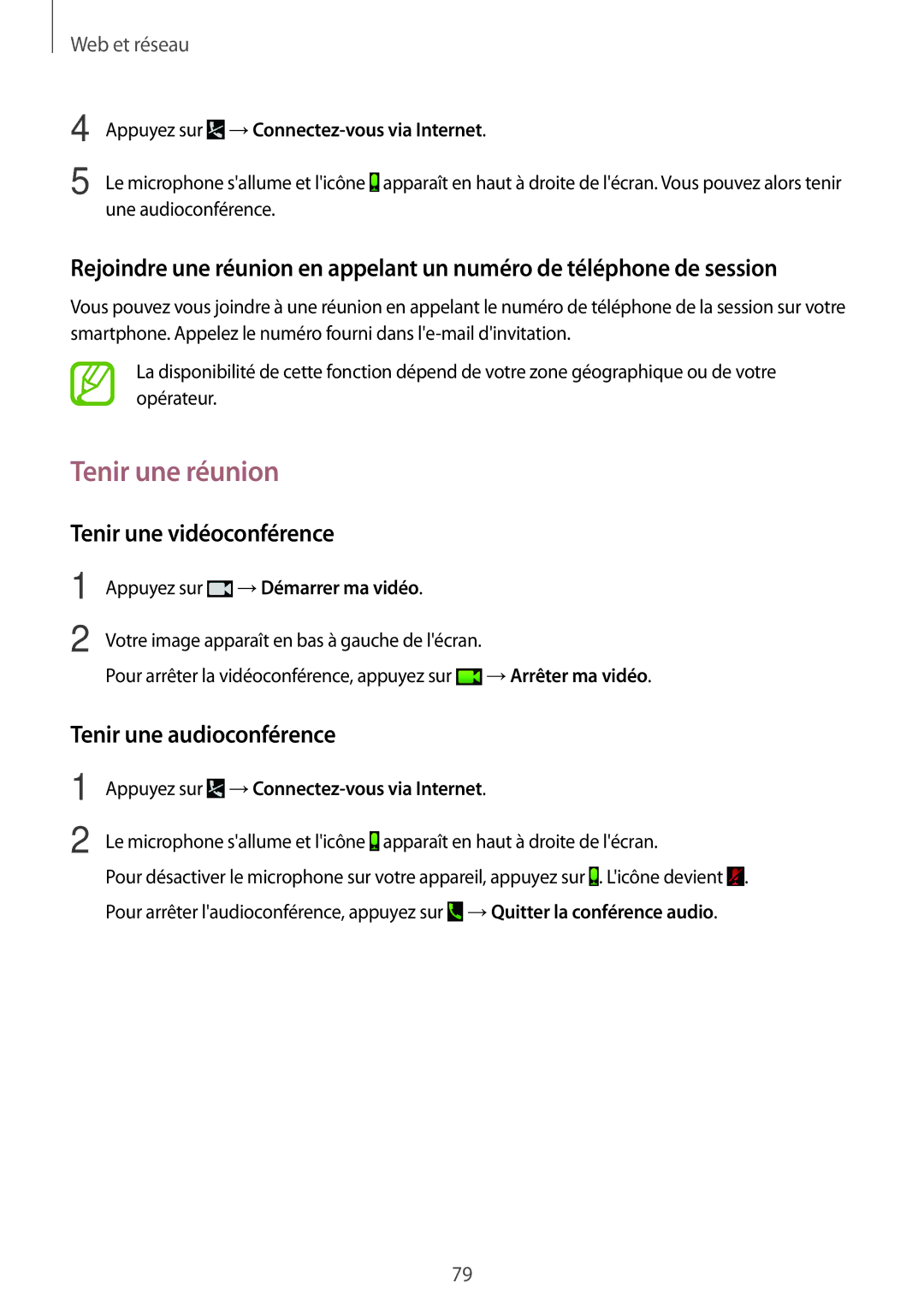 Samsung SM-T525NZKAXEF, SM-T525NZWAXEF manual Tenir une réunion, Tenir une vidéoconférence, Tenir une audioconférence 