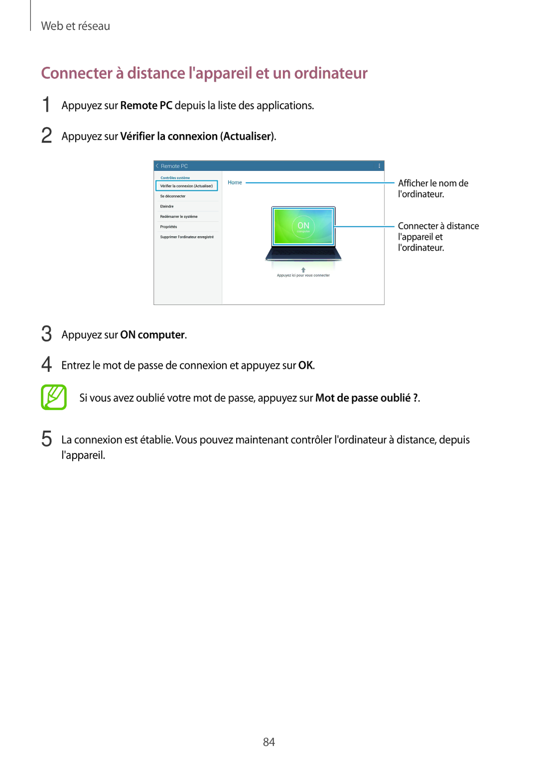 Samsung SM-T525NZWAXEF manual Connecter à distance lappareil et un ordinateur, Appuyez sur Vérifier la connexion Actualiser 