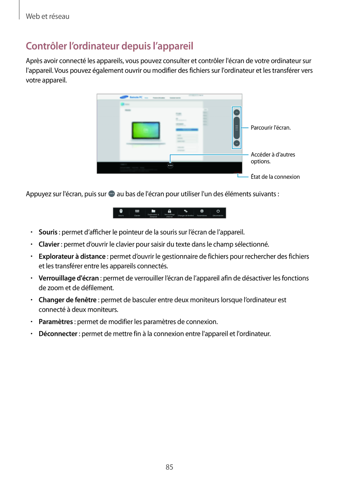 Samsung SM-T525NZKAXEF, SM-T525NZWAXEF manual Contrôler l’ordinateur depuis l’appareil 