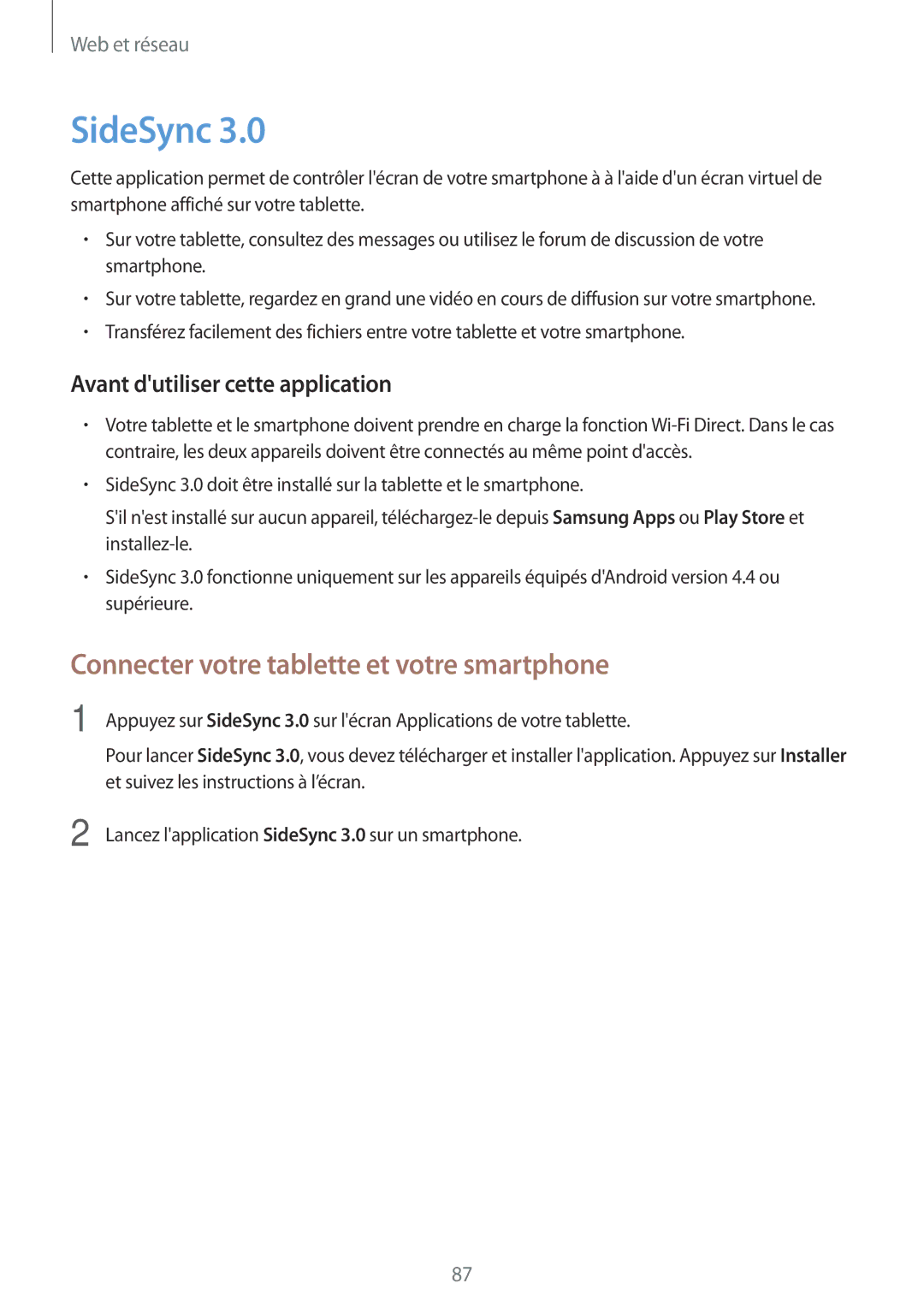 Samsung SM-T525NZKAXEF, SM-T525NZWAXEF manual SideSync, Connecter votre tablette et votre smartphone 