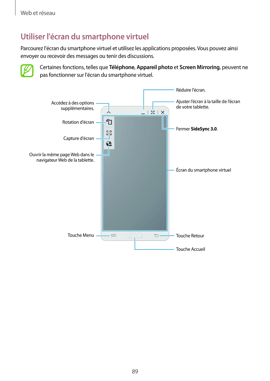 Samsung SM-T525NZKAXEF, SM-T525NZWAXEF manual Utiliser lécran du smartphone virtuel 