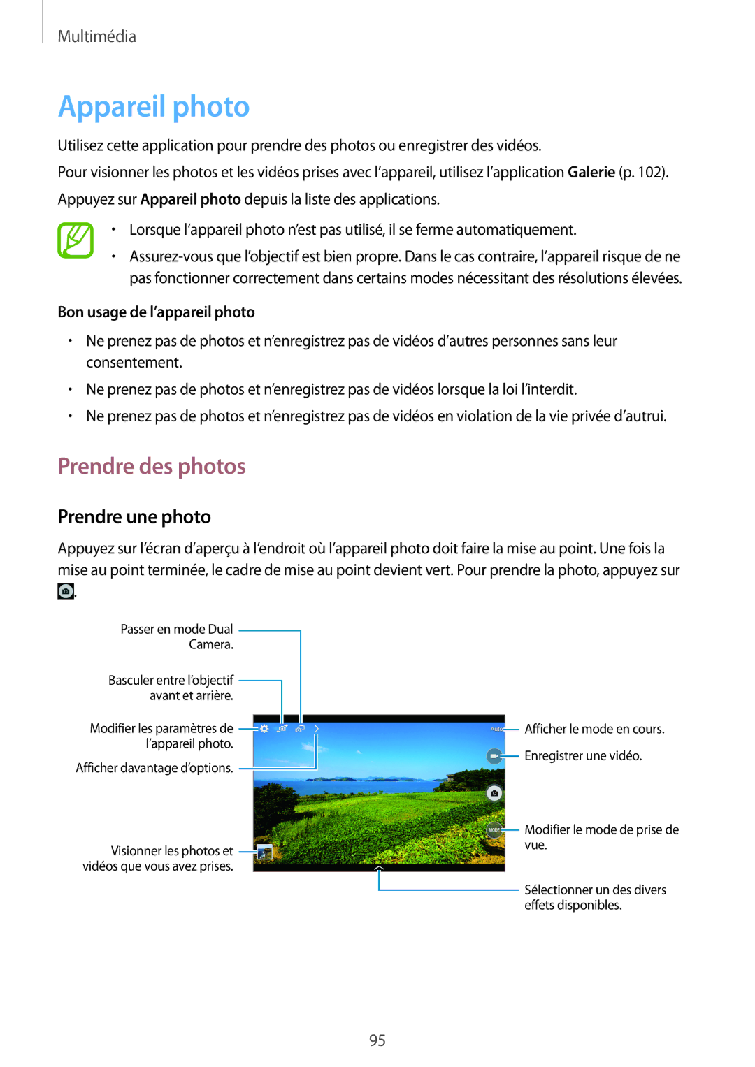 Samsung SM-T525NZKAXEF manual Appareil photo, Prendre des photos, Prendre une photo, Bon usage de l’appareil photo 