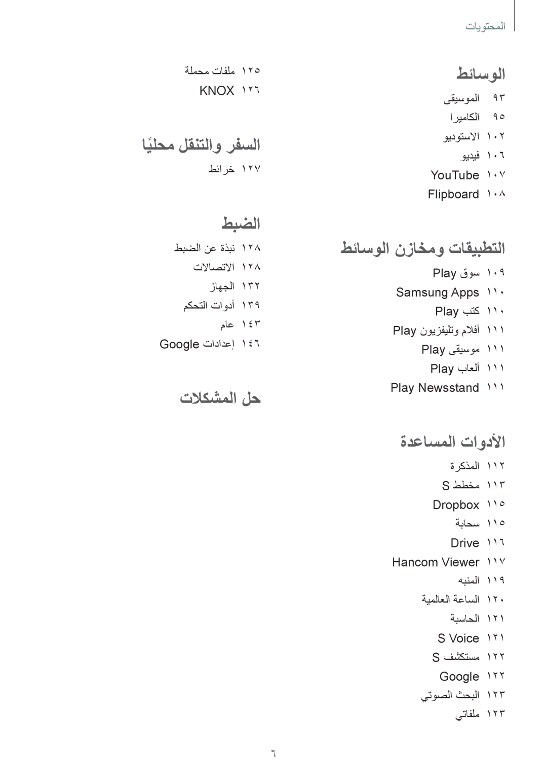 Samsung SM-T525NZWAXSG, SM-T525NZKAKSA manual ةلمحم تافلم Knox, طئارخ, ويدوتسلاا‬ 102 ويديف 106 YouTube 107 Flipboard 