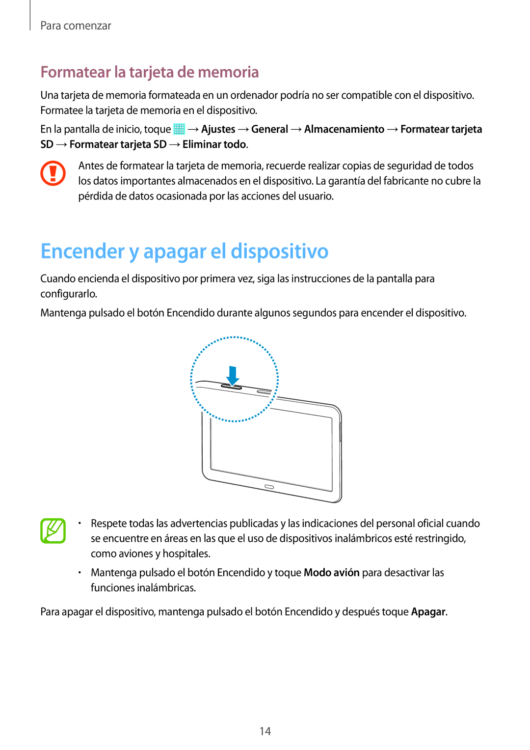 Samsung SM-T530NYKAPHE, SM-T530NYKATPH, SM-T530NZWATPH Encender y apagar el dispositivo, Formatear la tarjeta de memoria 