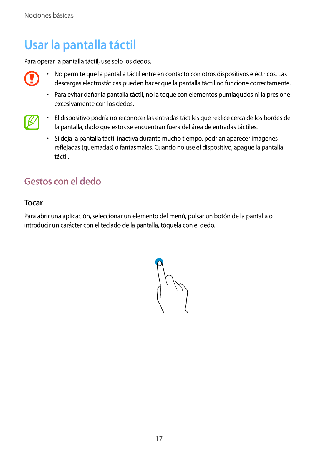 Samsung SM-T530NYKADBT, SM-T530NYKATPH, SM-T530NZWATPH, SM-T530NZWAXEO Usar la pantalla táctil, Gestos con el dedo, Tocar 