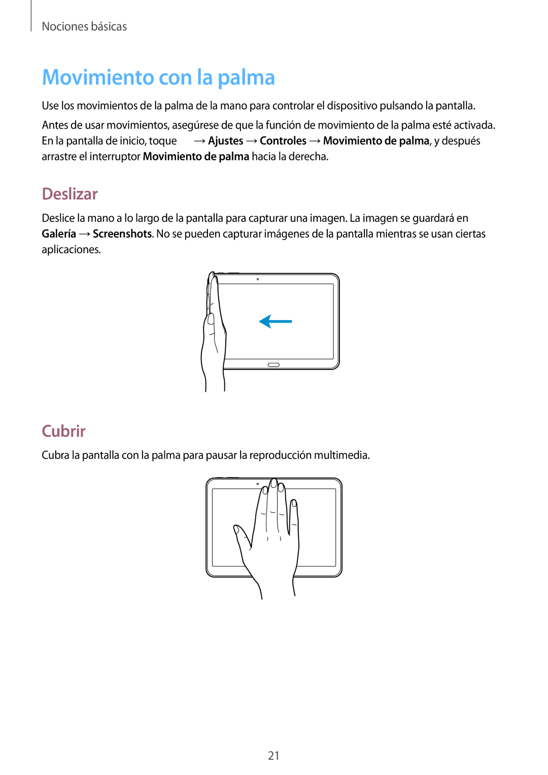 Samsung SM-T530NZWAITV, SM-T530NYKATPH, SM-T530NZWATPH, SM-T530NYKADBT manual Movimiento con la palma, Deslizar, Cubrir 