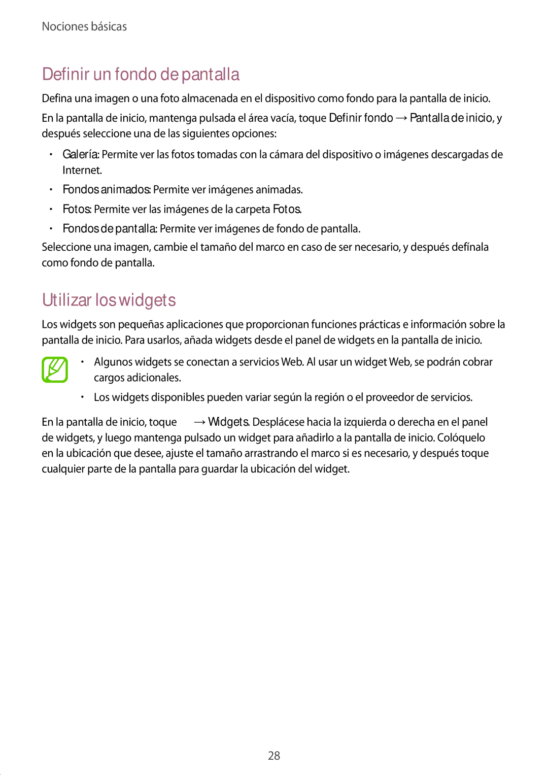 Samsung SM-T530NZWAXEZ, SM-T530NYKATPH, SM-T530NZWATPH, SM-T530NYKADBT Definir un fondo de pantalla, Utilizar los widgets 