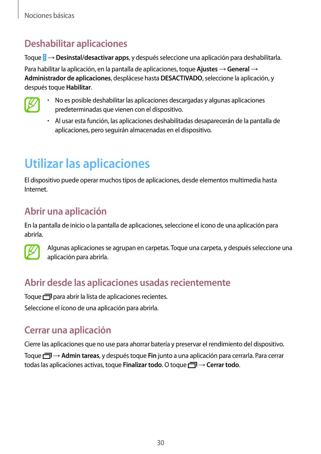 Samsung SM-T530NYKATPH Utilizar las aplicaciones, Deshabilitar aplicaciones, Abrir una aplicación, Cerrar una aplicación 