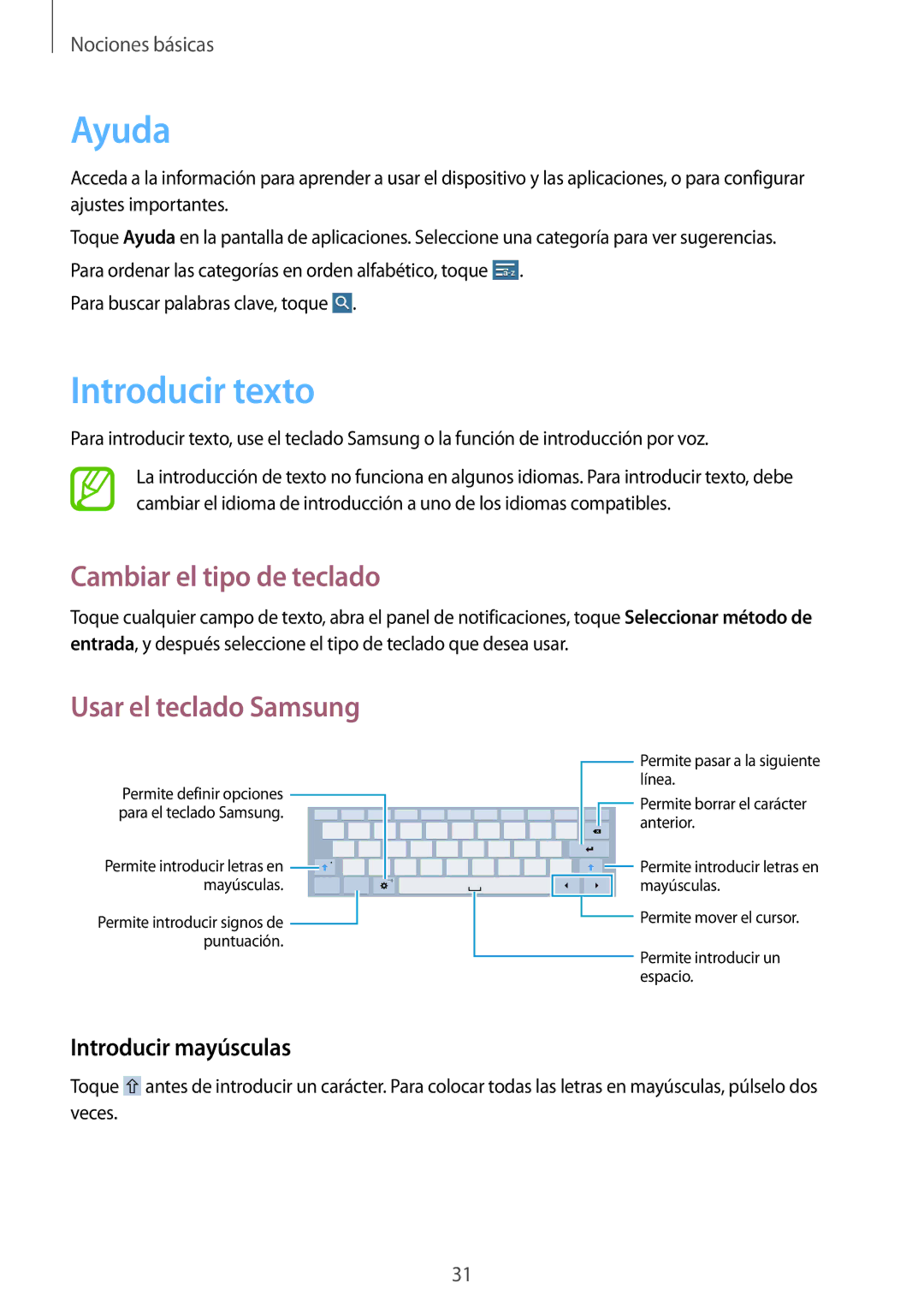 Samsung SM-T530NZWATPH Ayuda, Introducir texto, Cambiar el tipo de teclado, Usar el teclado Samsung, Introducir mayúsculas 