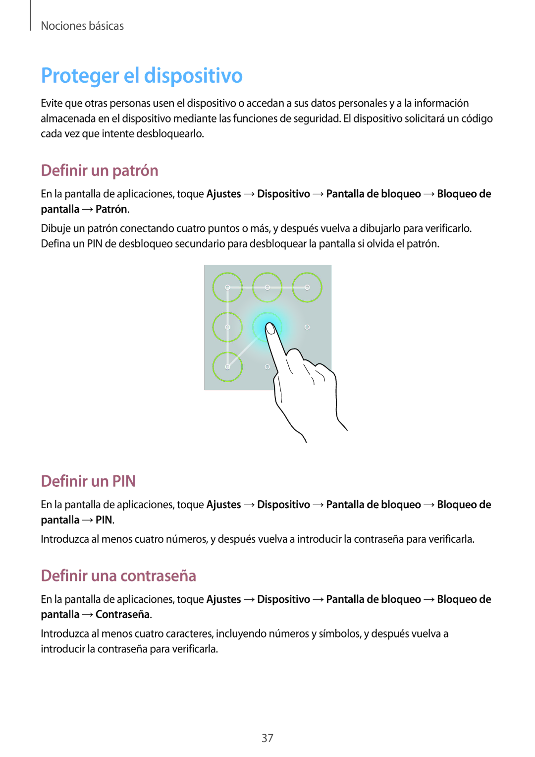Samsung SM-T530NYKAXEO, SM-T530NYKATPH Proteger el dispositivo, Definir un patrón, Definir un PIN, Definir una contraseña 